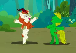 Size: 2934x2043 | Tagged: safe, artist:optimusv42, derpibooru import, autumn blaze, oc, oc:jungle heart, earth pony, gorilla, kirin, pony, chest beating, chest pounding, forest, forest background, friendship troopers, jungle pony, my little pony friendship troopers, singing, tarzan