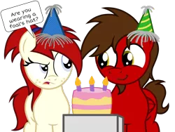 Size: 1600x1200 | Tagged: safe, artist:toyminator900, derpibooru import, oc, oc:chip, oc:silver draw, unofficial characters only, pegasus, pony, unicorn, an-tonio's birthday, birthday, birthday cake, birthday gift, cake, candle, duo, facial hair, female, food, freckles, hat, male, mare, party hat, show accurate, simple background, smiling, speech bubble, stallion, transparent background