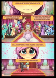 Size: 714x994 | Tagged: safe, artist:alcor, derpibooru import, applejack, discord, fluttershy, gentle breeze, pinkie pie, posey shy, princess celestia, rainbow dash, rarity, twilight sparkle, twilight sparkle (alicorn), zephyr breeze, oc, oc:anon, alicorn, draconequus, human, pegasus, pony, unicorn, comic:hearts aflutter, bondage, bound and gagged, cheek fluff, cute, discord being discord, explicit description, explicit source, female, foam finger, gag, lips, looking at you, male, mare, marriage, mask, pretty eyes, rcf community, reflection, shipping, shyabetes, shys, smiling, straight, wedding, wedding veil