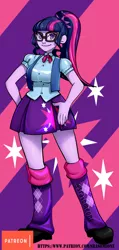 Size: 570x1200 | Tagged: safe, alternate version, artist:srasomeone, derpibooru import, sci-twi, twilight sparkle, equestria girls, backpack, clothes, cute, cutie mark, cutie mark on clothes, female, glasses, pleated skirt, skirt, smiling, solo, twiabetes