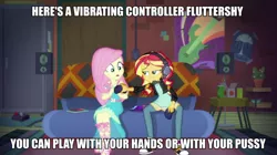 Size: 898x504 | Tagged: suggestive, derpibooru import, fluttershy, sunset shimmer, equestria girls, equestria girls series, game stream, spoiler:eqg series (season 2), caption, controller, duo, duo female, female, headset, image macro, implied masturbation, meme, sunset's apartment, text