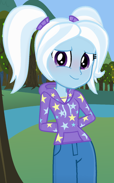 Size: 809x1294 | Tagged: safe, artist:grapefruitface1, artist:limedreaming, derpibooru import, trixie, equestria girls, alternate hairstyle, arm behind back, babysitter trixie, blushing, clothes, cute, daaaaaaaaaaaw, diatrixes, gameloft, gameloft interpretation, hoodie, looking at you, outdoors, pigtails, smiling, solo, twintails