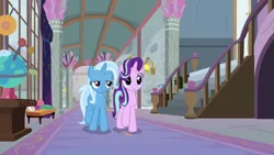 Size: 1920x1080 | Tagged: safe, derpibooru import, screencap, starlight glimmer, trixie, pony, unicorn, a horse shoe-in, duo, female, hallway, mare, orrery, school of friendship, stairs