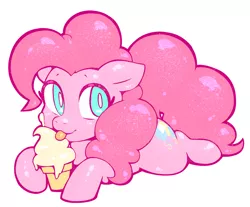 Size: 988x818 | Tagged: safe, artist:nancybigots, derpibooru import, pinkie pie, earth pony, pony, cute, diapinkes, female, food, ice cream, licking, mare, prone, simple background, solo, tongue out, white background