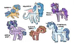 Size: 3000x1800 | Tagged: safe, artist:dreamscapevalley, derpibooru import, oc, oc:apple zap, oc:aquaria, oc:graffiti, oc:rocky road, oc:ruthie apple, oc:starstruck luxury, dracony, dragon, earth pony, hybrid, pegasus, pony, unicorn, colt, female, filly, freckles, goggles, horns, interspecies offspring, magical lesbian spawn, male, mare, offspring, parent:apple bloom, parent:applejack, parent:biscuit, parent:prince blueblood, parent:rainbow dash, parent:rarity, parent:rumble, parent:scootaloo, parent:snips, parent:spike, parent:trixie, parent:twist, parents:applebiscuit, parents:appledash, parents:bluetrix, parents:rumbloo, parents:snipstwist, parents:sparity, simple background, stallion, unshorn fetlocks, watermark, white background