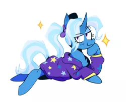 Size: 1691x1378 | Tagged: safe, artist:cassettepunk, deleted from derpibooru, derpibooru import, trixie, pony, unicorn, :3, alternate hairstyle, babysitter trixie, bow, chest fluff, clothes, cute, diatrixes, female, gameloft interpretation, hair bow, hoodie, lidded eyes, mare, pigtails, prone, simple background, smug, solo, white background