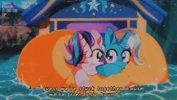 Size: 1200x682 | Tagged: safe, artist:poneko-chan, derpibooru import, starlight glimmer, trixie, pony, unicorn, road to friendship, '90s, blushing, cheek squish, cheek to cheek, cute, diatrixes, duo, eye contact, female, friendshipping, ghastly gorge, glimmerbetes, i guess we're stuck together, inflatable, inflatable raft, looking at each other, mare, one eye closed, prone, raft, scene interpretation, shipping fuel, snuggling, squished, squishy cheeks, trixie's wagon, we're friendship bound