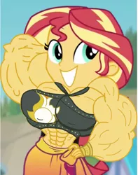 Size: 1035x1311 | Tagged: suggestive, artist:ducklover4072, derpibooru import, edit, edited screencap, editor:ducklover4072, screencap, sunset shimmer, equestria girls, equestria girls series, forgotten friendship, abs, arm behind head, breasts, buff, buff breasts, buff edit, busty sunset shimmer, clothes, fetish, hand on hip, muscle edit, muscle fetish, muscles, sunset lifter, sunset selfie, swimsuit