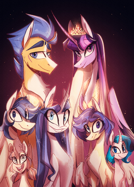 Size: 818x1140 | Tagged: safe, artist:iheyyasyfox, derpibooru import, flash sentry, twilight sparkle, twilight sparkle (alicorn), oc, oc:lightning flash, oc:nashira sparkle, oc:starry velvet, oc:stella alba nyx, alicorn, pegasus, pony, unicorn, colt, crown, family, family photo, female, filly, flashlight, jewelry, male, mare, offspring, parent:flash sentry, parent:twilight sparkle, parents:flashlight, regalia, shipping, stallion, straight, ultimate twilight