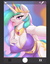 Size: 3235x4096 | Tagged: suggestive, artist:nexcoyotlgt, derpibooru import, princess celestia, alicorn, anthro, big breasts, breasts, busty princess celestia, cleavage, clothes, crown, cutie mark, dress, erect nipples, female, hand on breasts, huge breasts, jewelry, lidded eyes, looking at you, mare, multicolored mane, nipple outline, peytral, praise the sun, regalia, selfie, solo, stupid sexy celestia, tongue out