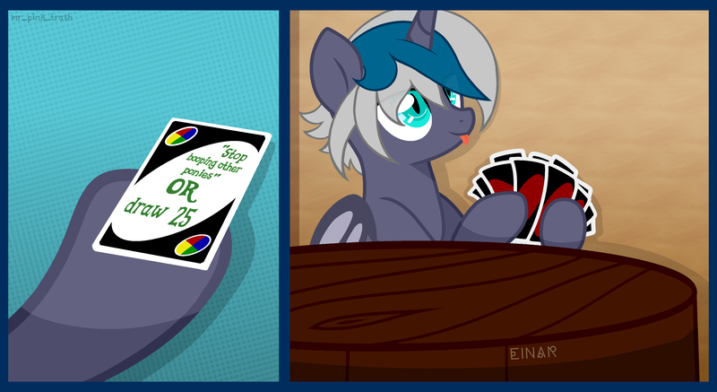 Size: 4174x2278 | Tagged: safe, artist:einarcor, derpibooru import, oc, oc:elizabat stormfeather, unofficial characters only, alicorn, bat pony, bat pony alicorn, pony, :p, alicorn oc, bat pony oc, bat wings, card, comic, commission, draw 25, hoof hold, horn, meme, ponified meme, solo, table, tongue out, uno, uno meme, wings, ych result