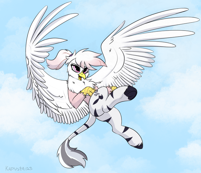 Size: 1792x1543 | Tagged: safe, artist:kapusta123, derpibooru import, oc, unofficial characters only, gryphon, hybrid, cloud, female, flying, sky, solo, spread wings, underhoof, wings