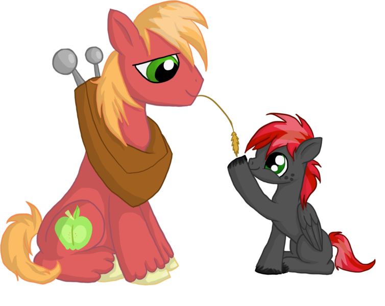 Size: 1193x949 | Tagged: safe, artist:shiv3ry, derpibooru import, big macintosh, oc, oc:night sickle, earth pony, pegasus, pony, adopted offspring, big macintosh's yoke, blank flank, colt, cute, cutie mark, father and child, father and son, freckles, hay stalk, macabetes, male, missing freckles, offspring, parent:big macintosh, parent:fluttershy, parents:fluttermac, simple background, smiling, stallion, straw in mouth, transparent background, unshorn fetlocks