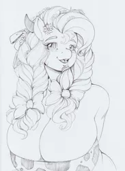 Size: 1133x1552 | Tagged: suggestive, artist:longinius, derpibooru import, pinkie pie, anthro, earth pony, alternate hairstyle, big breasts, braided pigtails, breasts, busty pinkie pie, cleavage, cow horns, cowprint, female, flower, flower in hair, grayscale, huge breasts, monochrome, pigtails, pincow pie, sexy, solo, solo female