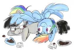 Size: 3114x2160 | Tagged: safe, artist:littleblackraencloud, derpibooru import, rainbow dash, oc, oc:moon ray, pegasus, pony, blushing, box of chocolates, canon x oc, chocolate, female, food, glasses, hearts and hooves day, hearts and hooves day cards, holiday, hug, laying on pony, laying on stomach, male, on back, pegasus oc, shipping, simple background, smiling, spread wings, valentine's day, valentine's day card, winghug, wings