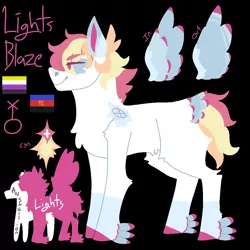 Size: 1000x1000 | Tagged: safe, artist:lepiswerid, derpibooru import, oc, oc:lights blaze, pegasus, pony, black background, colored hooves, cutie mark, feathered fetlocks, genderless, height difference, marsverse, offspring, parent:rainbow dash, parent:soarin', parents:soarindash, polyamory, pride flag, redesign, reference sheet, simple background, solo, story included, tail feathers, winged hooves