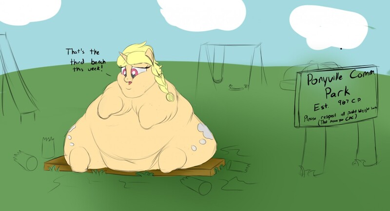 Size: 1280x692 | Tagged: questionable, artist:astr0zone, derpibooru import, oc, oc:daydreamer, unofficial characters only, pony, unicorn, belly, belly button, bench, big belly, bingo wings, broken, butt, chubby cheeks, dialogue, double chin, fat, female, furniture abuse, huge belly, huge butt, large butt, looking down, mare, merry-go-round, morbidly obese, obese, open mouth, park, playground, rolls of fat, sign, sitting, sketched background, slide, solo, solo female, swing set, thighs, thunder thighs, triple chin, wide hips