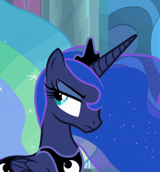 Size: 739x796 | Tagged: safe, derpibooru import, screencap, princess luna, alicorn, pony, sparkle's seven, animated, cropped, cute, female, flowing mane, gif, luna is not amused, lunabetes, mare, offscreen character, pouting, raised eyebrow, solo focus, throne room, unamused