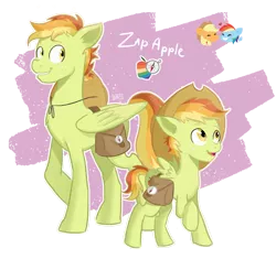 Size: 1150x1080 | Tagged: safe, artist:laescbr, derpibooru import, applejack, rainbow dash, oc, oc:zap apple, pegasus, appledash, bag, cowboy hat, female, freckles, hat, lesbian, magical lesbian spawn, male, next generation, offspring, parent:applejack, parent:rainbow dash, parents:appledash, pegasus oc, saddle bag, shipping, simple background, stetson, transparent background, wings