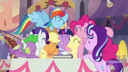 Size: 1280x720 | Tagged: alicorn, applejack, balloon, crown, derpibooru import, dragon, eyes closed, fluttershy, group hug, hug, jewelry, mane seven, mane six, memories and more, pinkie pie, rainbow dash, rarity, regalia, safe, screencap, smiling, spike, spoiler:memories and more, spoiler:mlp friendship is forever, stairs, starlight glimmer, table, the last problem, tv logo, twilight sparkle, twilight sparkle (alicorn), winged spike