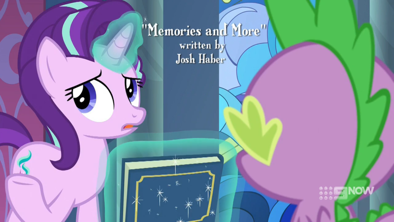 Size: 1920x1080 | Tagged: safe, derpibooru import, screencap, spike, starlight glimmer, dragon, pony, unicorn, memories and more, spoiler:memories and more, spoiler:mlp friendship is forever, book, credits, female, josh haber, magic, male, scrapbook, title, winged spike