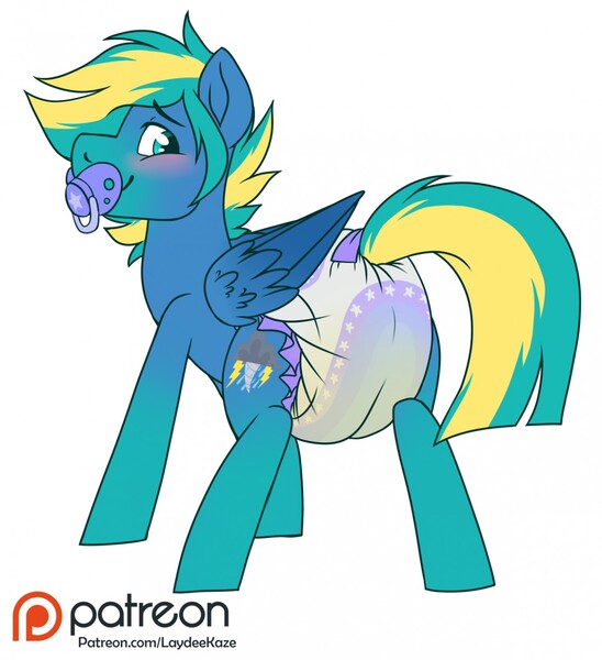 Size: 1170x1280 | Tagged: questionable, artist:laydeekaze, derpibooru import, oc, oc:stormy dash, unofficial characters only, pony, blushing, diaper, diaper fetish, fetish, male, pacifier, poofy diaper, solo, solo male, wet diaper