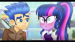 Size: 3840x2160 | Tagged: safe, artist:aryatheeditor, derpibooru import, flash sentry, sci-twi, twilight sparkle, equestria girls, blushing, canterlot, clothes, coat, female, flashlight, geode of telekinesis, glass, glasses, hairpin, heterochromia, magical geodes, male, movie, movie reference, outfit, ponytail, powerful sparkle, sciflash, shipping, shocked, straight