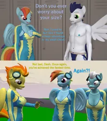 Size: 1920x2160 | Tagged: suggestive, artist:papadragon69, derpibooru import, fleetfoot, rainbow dash, soarin', spitfire, anthro, pegasus, pony, 3d, aerodynamics, breast size difference, breasts, busty fleetfoot, busty spitfire, clothes, comic, delicious flat chest, dialogue, jockstrap, rainbow flat, source filmmaker, uniform, wonderbolts, wonderbolts uniform