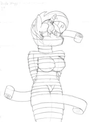 Size: 2387x3173 | Tagged: anthro, arm behind back, artist:supra80, black and white, bondage, breasts, derpibooru import, female, fetish, gag, grayscale, horn, horn ring, lineart, magic suppression, monochrome, mummification, mummified, mummy, pencil drawing, ring, sketch, solo, solo female, suggestive, sunset shimmer, teary eyes, traditional art