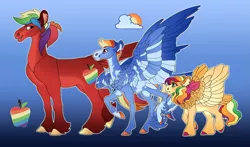 Size: 3727x2186 | Tagged: safe, artist:turnipberry, deleted from derpibooru, derpibooru import, oc, oc:fairweather, oc:fall colors, oc:zap apple, unofficial characters only, earth pony, pegasus, pony, blue background, colored hooves, commission, cutie mark, female, filly, foal, magical lesbian spawn, male, mare, multicolored hair, offspring, parent:applejack, parent:rainbow dash, parents:appledash, rainbow hair, realistic horse legs, siblings, simple background, spread wings, stallion, trio, unshorn fetlocks, winged hooves, wings