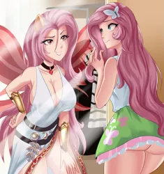 Size: 1803x1920 | Tagged: suggestive, artist:thebrokencog, derpibooru import, fluttershy, bat pony, human, armpits, ass, belt, big breasts, breasts, busty fluttershy, butt, cleavage, clothes, disguise, disguised siren, duality, flutterbat, gem, grin, humanized, jewelry, mirror, necklace, ponied up, race swap, red eyes, reflection, :s, schrödinger's pantsu, side slit, siren gem, skirt, smiling, upskirt, vambrace, wavy mouth
