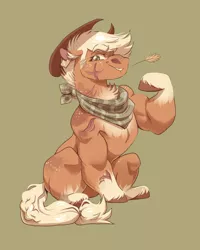 Size: 2046x2555 | Tagged: safe, artist:olivecow, derpibooru import, applejack, earth pony, pony, alternate design, applejacked, cowboy hat, female, flexing, green background, grin, hat, hay stalk, image, mare, missing cutie mark, muscles, neckerchief, palindrome get, png, redesign, scar, simple background, sitting, smiling, solo, straw in mouth, twitterina design