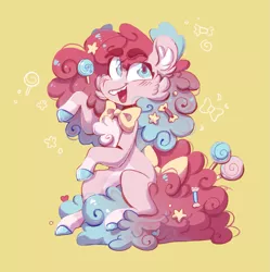 Size: 1623x1627 | Tagged: safe, artist:olivecow, derpibooru import, pinkie pie, earth pony, pony, bowtie, candy, cheek fluff, chest fluff, colored hooves, ear fluff, female, food, lollipop, mare, missing cutie mark, redesign, simple background, sitting, smiling, solo, yellow background