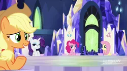 Size: 1280x720 | Tagged: safe, derpibooru import, screencap, applejack, fluttershy, pinkie pie, rarity, earth pony, pegasus, unicorn, memories and more, spoiler:memories and more, spoiler:mlp friendship is forever, applejack's hat, cowboy hat, cutie map, friendship throne, hat, looking at someone, sitting, smiling, throne room