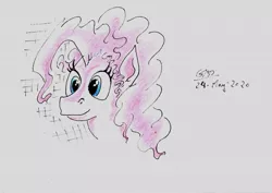 Size: 1024x723 | Tagged: safe, artist:gafelpoez, derpibooru import, pinkie pie, earth pony, pony, bust, female, mare, portrait, solo, three quarter view, traditional art