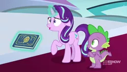 Size: 1280x720 | Tagged: safe, derpibooru import, screencap, spike, starlight glimmer, dragon, pony, unicorn, memories and more, spoiler:memories and more, spoiler:mlp friendship is forever, 9now, book, crossed arms, levitation, magic, magic aura, scrapbook, telekinesis, throne room, winged spike