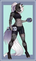 Size: 1198x2040 | Tagged: suggestive, artist:chacrawarrior, derpibooru import, oc, oc:specter, unofficial characters only, anthro, unguligrade anthro, unicorn, abs, biceps, breasts, buff, clothes, compression shorts, cycling shorts, dumbbell (object), erect nipples, female, image, midriff, muscles, muscular female, nipple outline, pale belly, png, scar, shorts, small breasts, solo, solo female, spandex, sports bra, sports shorts