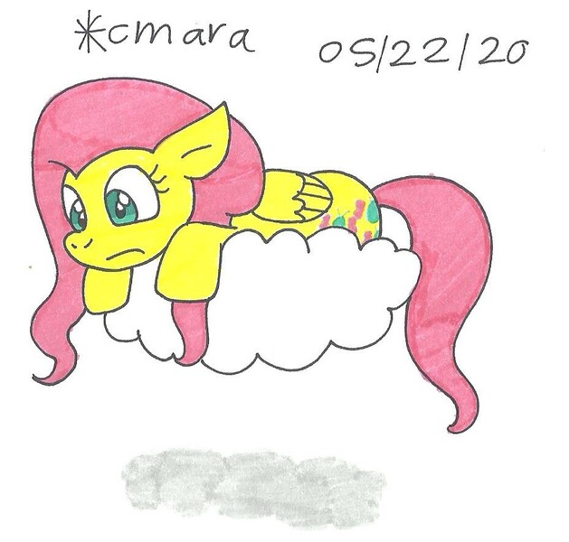 Size: 926x883 | Tagged: safe, artist:cmara, derpibooru import, fluttershy, pegasus, pony, cloud, female, mare, scared, solo, traditional art