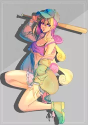 Size: 990x1402 | Tagged: artist:bakki, baseball bat, baseball cap, bra, breasts, cap, clothes, commission, crop top bra, cutie mark, cutie mark on clothes, denim shorts, derpibooru import, digital art, female, gray background, hat, human, humanized, jacket, midriff, princess cadance, safe, sexy, shorts, simple background, solo, sports, underboob, underwear