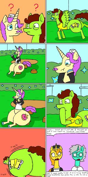 Size: 1600x3200 | Tagged: safe, artist:eternaljonathan, author:bigonionbean, derpibooru import, cheese sandwich, donut joe, fancypants, soarin', oc, earth pony, pegasus, pony, unicorn, comic:super party fusion, butt, canterlot, canterlot castle, chair, clothes, comic, commissioner:bigonionbean, crush, crushing, cutie mark, dat ass was fat, dialogue, female, flank, forced, fusion, glasses, hat, jiggle, lab coat, magic, maid, male, mare, panicking, plot, potion, scientist, screaming, stallion, swelling, table, thicc ass, trash