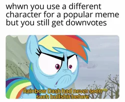 Size: 1408x1152 | Tagged: safe, derpibooru import, edit, edited screencap, screencap, rainbow dash, pegasus, pony, tanks for the memories, angry, caption, do i look angry, downvote bait, female, image macro, mare, meme, solo, text, thomas the tank engine, vulgar