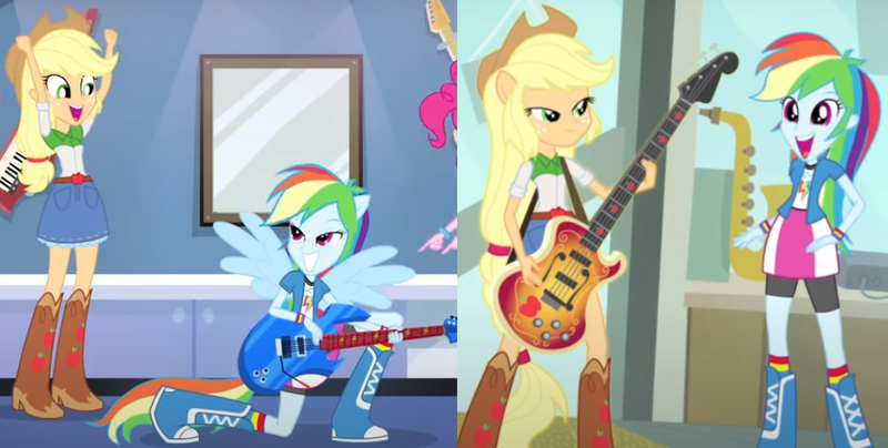 Size: 1006x508 | Tagged: safe, derpibooru import, applejack, pinkie pie, rainbow dash, a case for the bass, equestria girls, guitar centered, rainbow rocks, 2020, 2020s, boots, cheering, clothes, compression shorts, cowboy hat, denim skirt, electric guitar, freckles, green eyes, guitar, happy, hat, musical instrument, pink eyes, saxaphone, shoes, shorts, skirt, smiling, tomboy, wristband