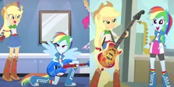 Size: 1006x508 | Tagged: safe, derpibooru import, applejack, pinkie pie, rainbow dash, a case for the bass, equestria girls, guitar centered, rainbow rocks, 2020, 2020s, boots, cheering, clothes, compression shorts, cowboy hat, denim skirt, electric guitar, freckles, green eyes, guitar, happy, hat, musical instrument, pink eyes, saxaphone, shoes, shorts, skirt, smiling, tomboy, wristband