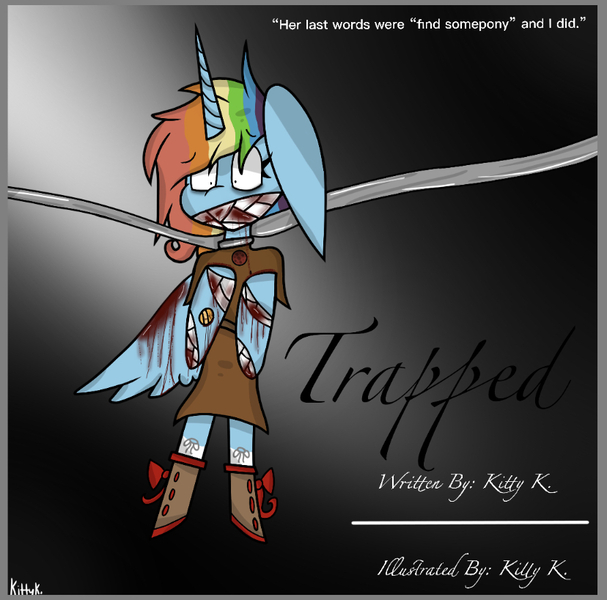 Size: 828x818 | Tagged: semi-grimdark, artist:kittycatrittycat, derpibooru import, rainbow dash, alicorn, pony, semi-anthro, fanfic, series:trapped, alicornified, big ears, bleeding, blood, bloody, bloody bandages, clothes, cover, cover art, dark, depressed, depression, dream, dying, faded, fanfic art, fanfic cover, impossibly large ears, mask, nightmare, race swap, rainbowcorn, scared, shoes, solo, worried