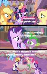 Size: 1324x2104 | Tagged: safe, derpibooru import, edit, edited screencap, screencap, applejack, fluttershy, pinkie pie, rainbow dash, rarity, spike, starlight glimmer, sunset shimmer, twilight sparkle, twilight sparkle (alicorn), alicorn, dragon, pony, memories and more, the last problem, spoiler:memories and more, book, clothes, comic, coronation dress, dress, mane seven, mane six, meme, screencap comic, second coronation dress, text, winged spike
