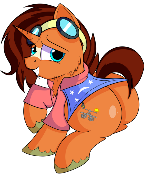 Size: 817x979 | Tagged: safe, artist:rainbowtashie, author:bigonionbean, derpibooru import, full steam, promontory, sunburst, oc, oc:nova reactor, earth pony, pony, unicorn, blanket, butt, cape, clothes, commissioner:bigonionbean, cutie mark, extra thicc, flank, fusion, fusion:nova reactor, goggles, male, plot, simple background, stallion, thicc ass, transparent background