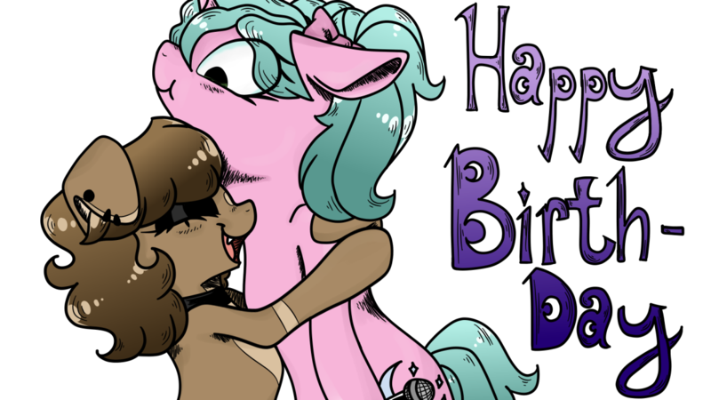 Size: 1182x665 | Tagged: safe, artist:nerdial, derpibooru import, oc, oc:magicalmysticva, pony, unicorn, birthday, brown mane, female, happy birthday, hug, mare, pink coat, simple background, transparent background, voice actor