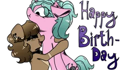 Size: 1182x665 | Tagged: safe, artist:nerdial, derpibooru import, oc, oc:magicalmysticva, pony, unicorn, birthday, brown mane, female, happy birthday, hug, mare, pink coat, simple background, transparent background, voice actor