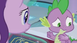 Size: 1280x720 | Tagged: safe, derpibooru import, screencap, spike, starlight glimmer, dragon, pony, unicorn, memories and more, spoiler:memories and more, spoiler:mlp friendship is forever, 9now, book, duo, levitation, magic, magic aura, scrapbook, telekinesis, winged spike, worried