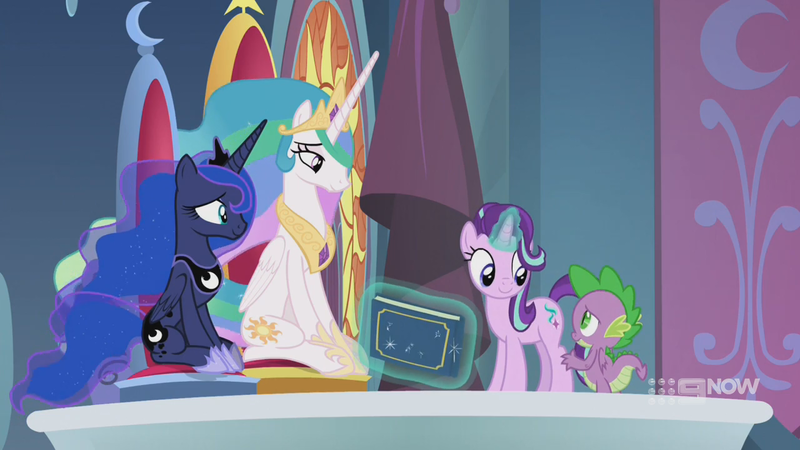 Size: 1280x720 | Tagged: safe, derpibooru import, screencap, princess celestia, princess luna, spike, starlight glimmer, alicorn, dragon, pony, unicorn, memories and more, spoiler:memories and more, spoiler:mlp friendship is forever, 9now, book, levitation, looking at each other, magic, magic aura, scrapbook, smiling, telekinesis, winged spike